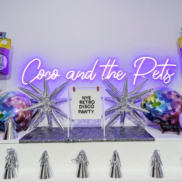 Purple Custom Neon® doggy daycare business name sign on a white wall behind a NYE party sign and decorations @cocoandthepets