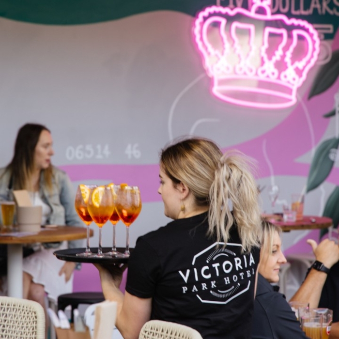 Pink Custom Neon® crown art restaurant sign @vicparkhotel