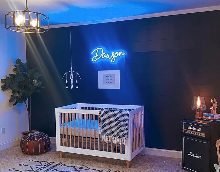 Blue Custom Neon® baby name sign on nursery wall @kaitlyn_vincie