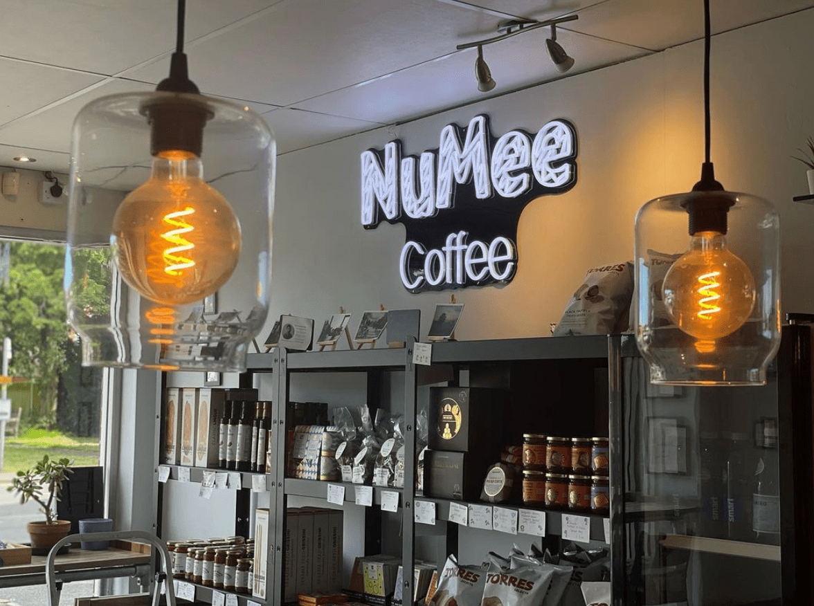 White logo light on black acrylic @numeecoffee by Custom Neon®