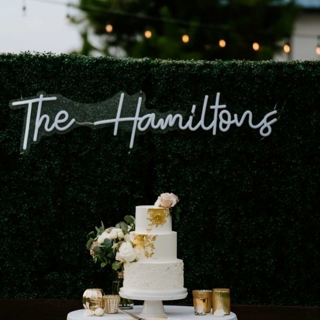 Custom Neon® personalised last name wedding sign hung from a hedge wall with a wedding cake in the foreground