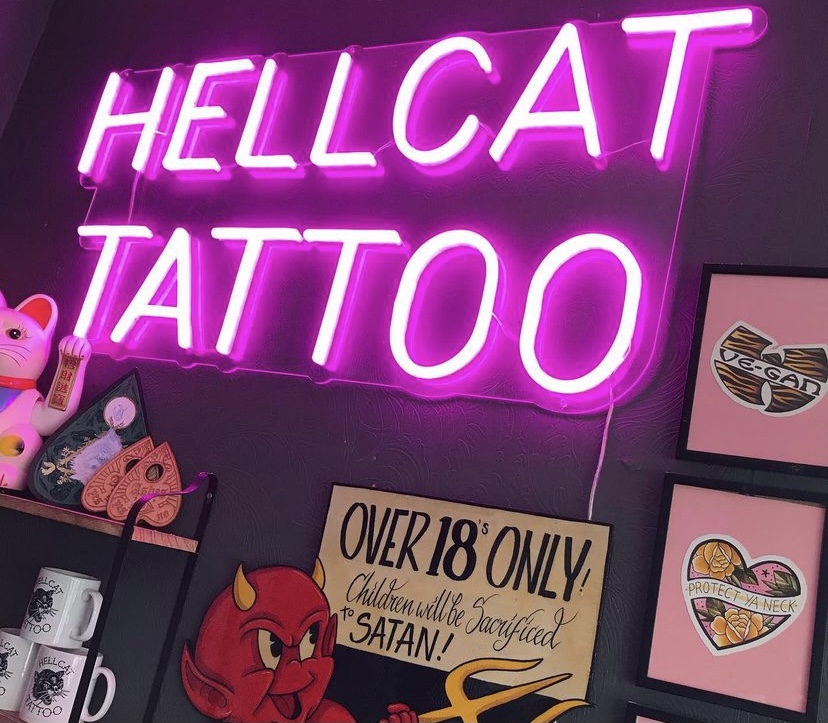 Custom Neon® pink shop sign for @hellcattattoostudio