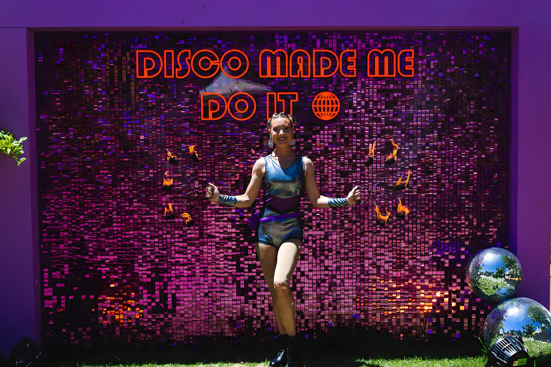 Disco Made Me Do It waterproof Custom Neon® on a shimmer wall during an outdoor event organized by @ultimo_catering and eventconceptmanagement&catering