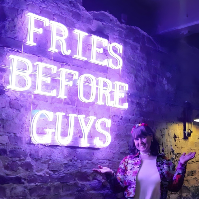 Purple Fries Before Guys Insta wall sign made by Custom Neon® for @brewskirestaurants
