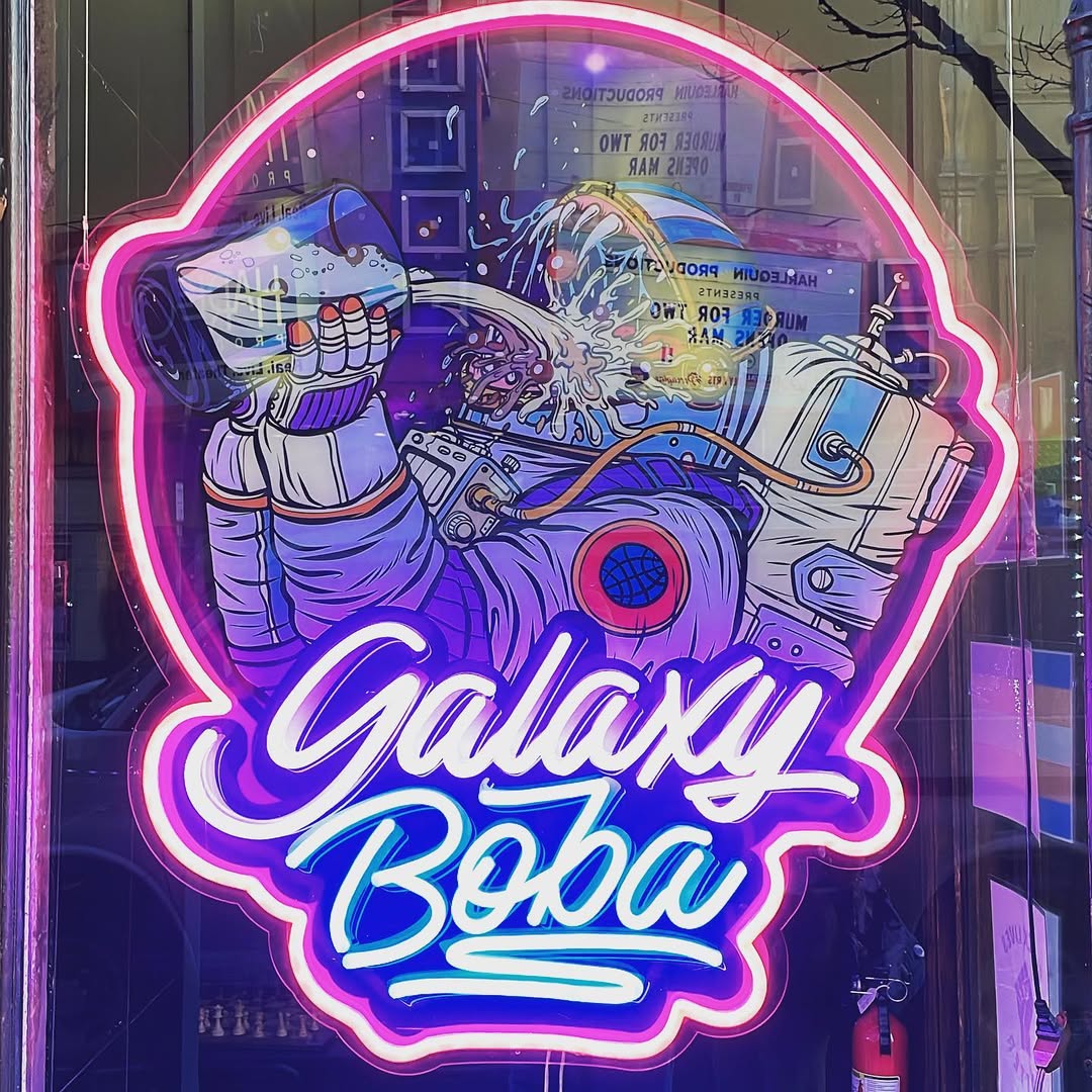 Custom Neon® UV print logo on the storefront window of the @galaxyboba bubble tea store