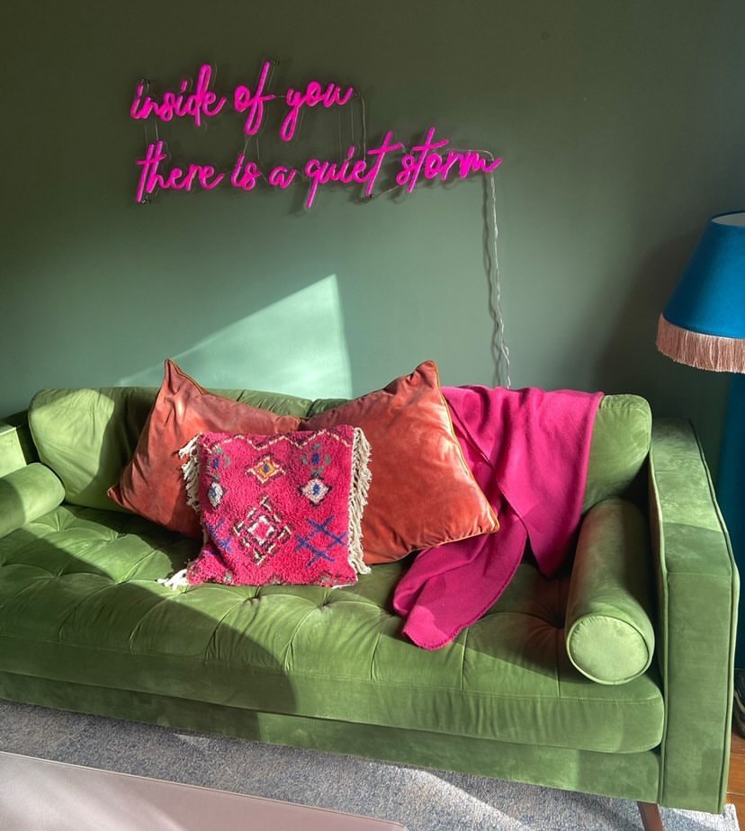 Custom Neon® hot pink customised quote sign on green wall @harrietnicolson