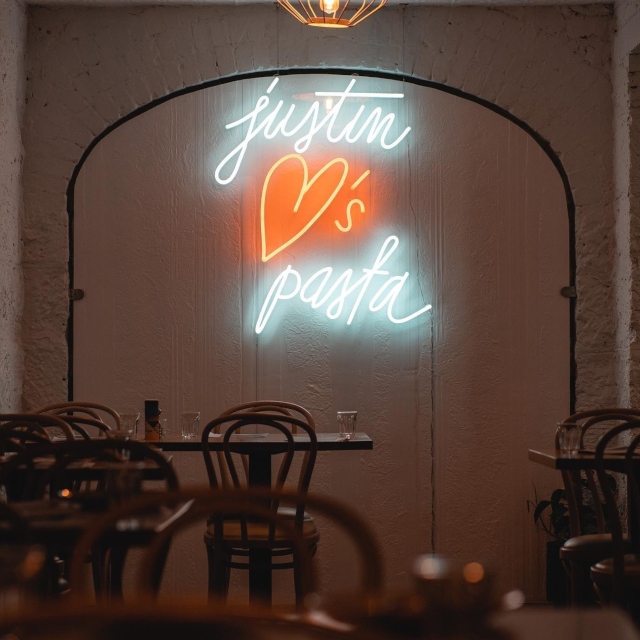 Multicoloured restaurant quote sign by Custom Neon® @justinlaneest