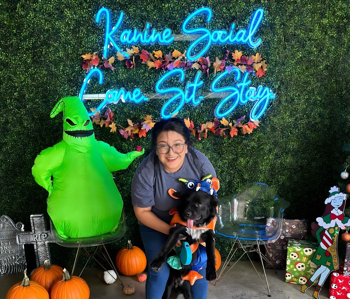 Custom Neon® selfie wall sign backdrop @kaninesocial with a customer and dog in a Halloween costume in the foreground