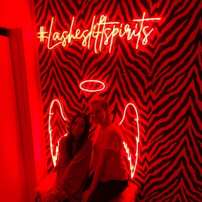 Lashes Lift Spirits red Custom Neon® hashtag selfie sign on mirrored wall @reallashclub