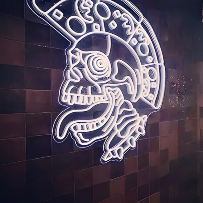 Custom Neon® artwork of a skull in a Roman helmet @lennoxpizza