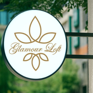 LED illuminated round light box logo sign for Glamour Loft
