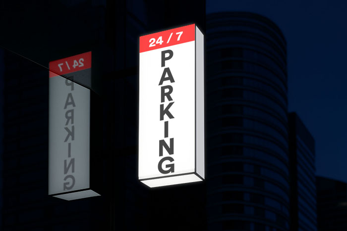 Fully illuminated wayfinding light box sign for a car park