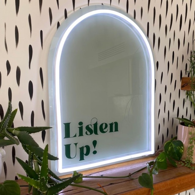 Custom Neon® wall decor with white LED frame green acrylic backboard & UV printed words