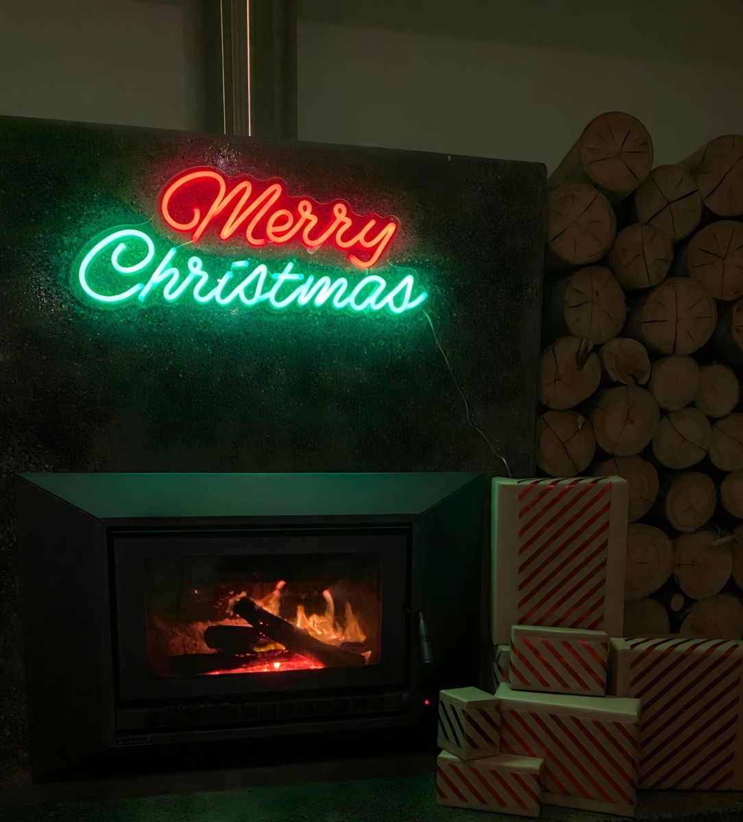 Custom Neon® Merry Christmas sign above the fireplace