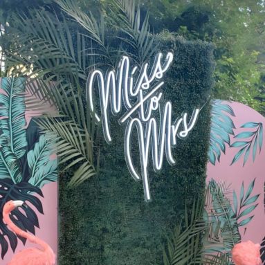 Custom Neon® white Miss to Mrs sign affixed to green wall with flamingos and tropical decor an outdoor setting - styled by @decorandfiesta