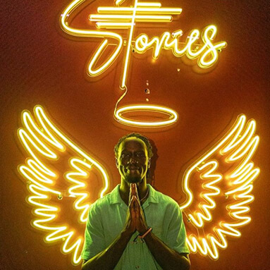 Custom Neon™ yellow LED neon angel wings selfie station sign