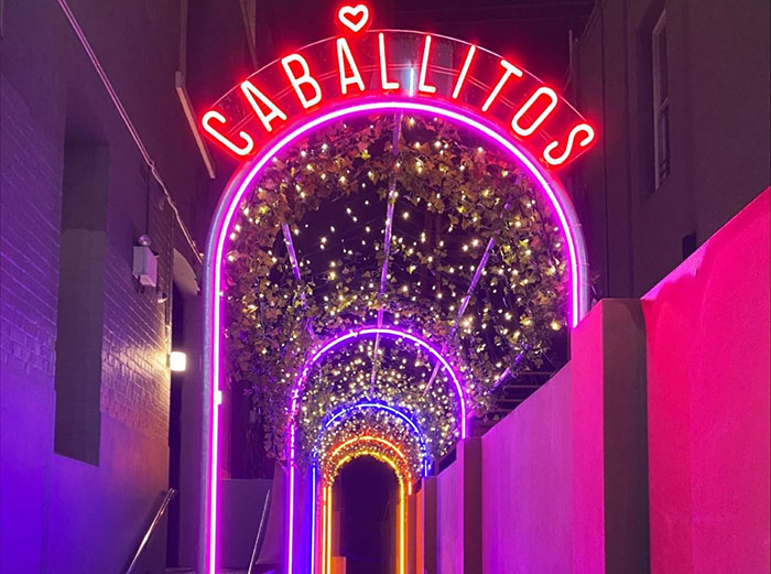 Custom Neon® red IP67 waterproof LED neon nightclub sign above an archway