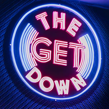 Custom Neon® blue pink & white circular logo sign