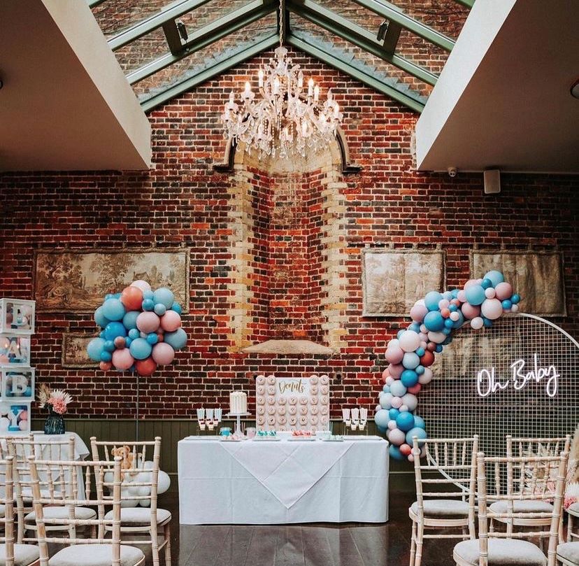 Custom Neon® Oh Baby sign on mesh backed balloon arch @raspberrycraftsandevents