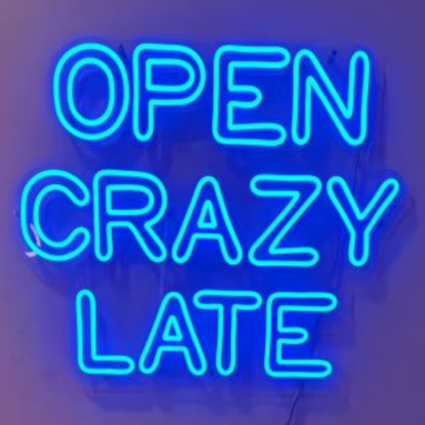 Open Crazy Late dark blue Custom Neon® open sign