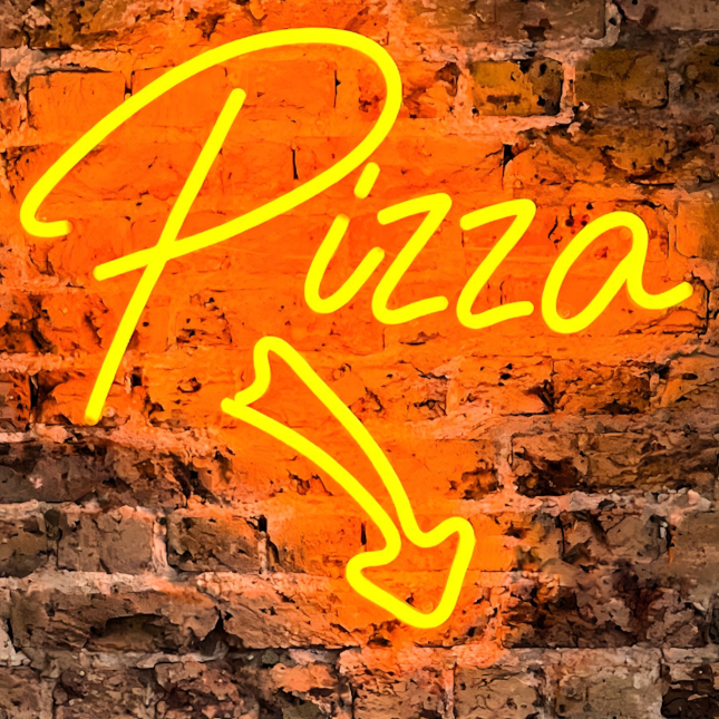 Custom Neon® Naked Neon™ PIZZA arrow sign on brick wall @bridge_baker