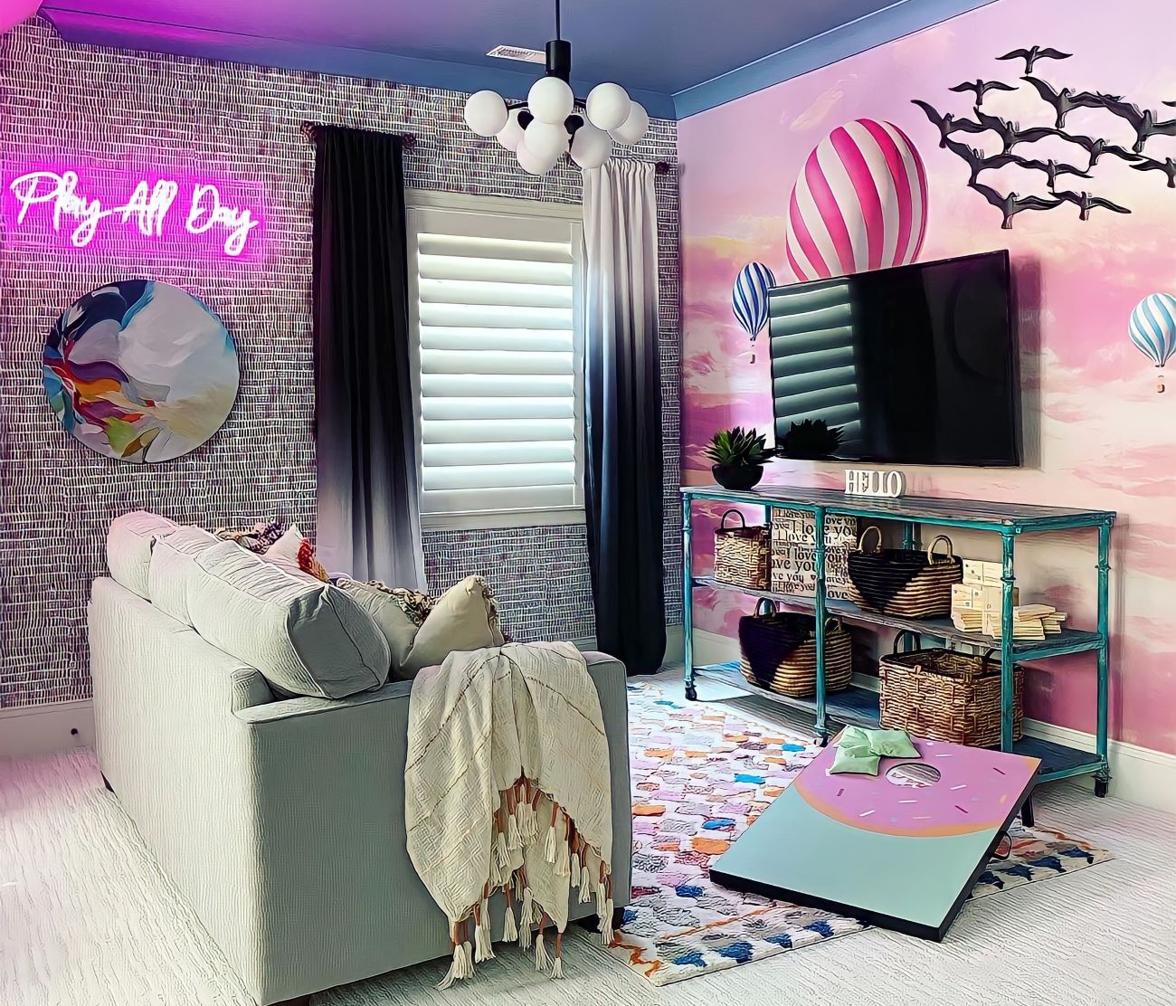 Play all day pink Custom Neon® quote sign in a child's playroom designed by @shannonking_eclecticinteriors