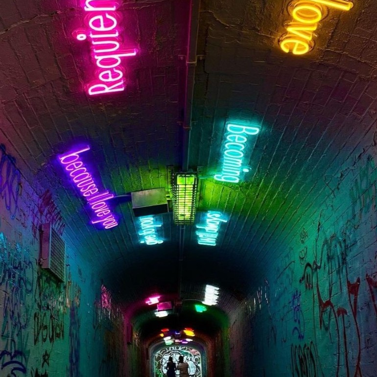 Public art designed by @k.h.bebe and made by Custom Neon® on the subway underpass ceiling