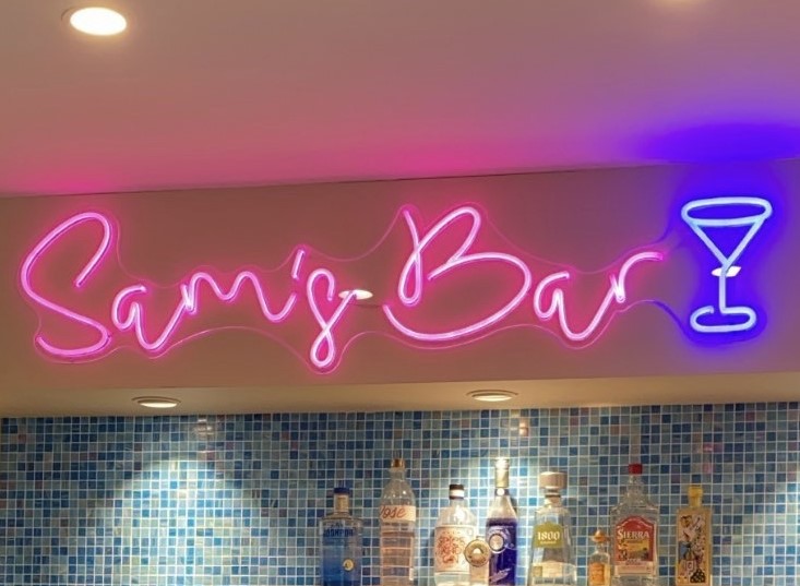 Pink personalized bar sign with blue martini glass by Custom Neon® for @jacksongarlick