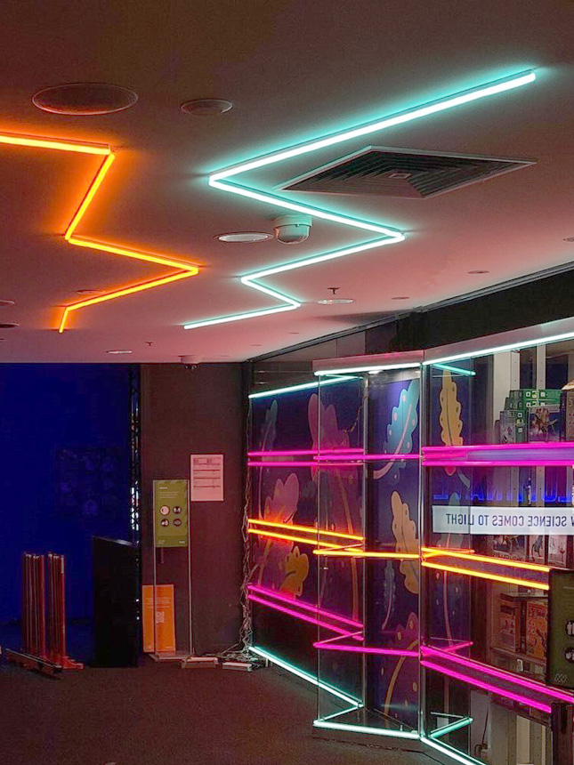 Custom Neon eggs & bacon attached to the ceiling @scienceworks_melb