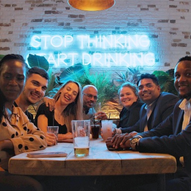 Stop thinking start drinking blue Custom Neon® quote sign on a brick wall @marketplaceofficial