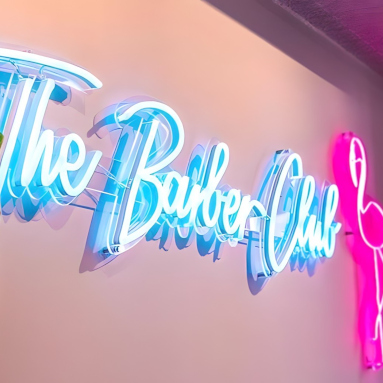 Custom Neon® blue company name sign and pink flamingo @thebarberclubmelbourne