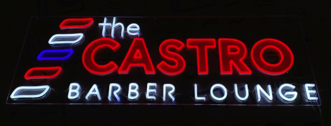The Castro Barber Lounge red, white and blue Custom Neon® company logo sign @thecastrobarberlounge