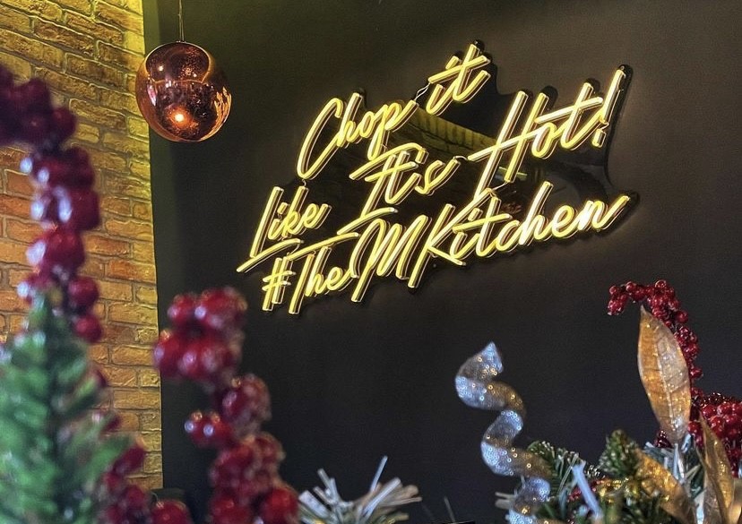 Custom Neon® white hashtag sign on black backing @themkitchen_