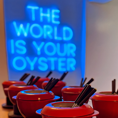 Blue Custom Neon® seafood restaurant sign in a sans-serif font style