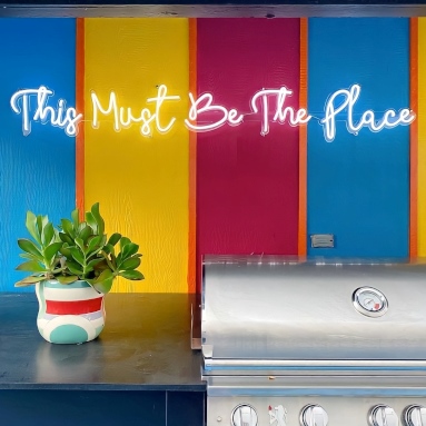 Custom Neon® backyard BBQ sign This Must Be the Place @shaunaglenn