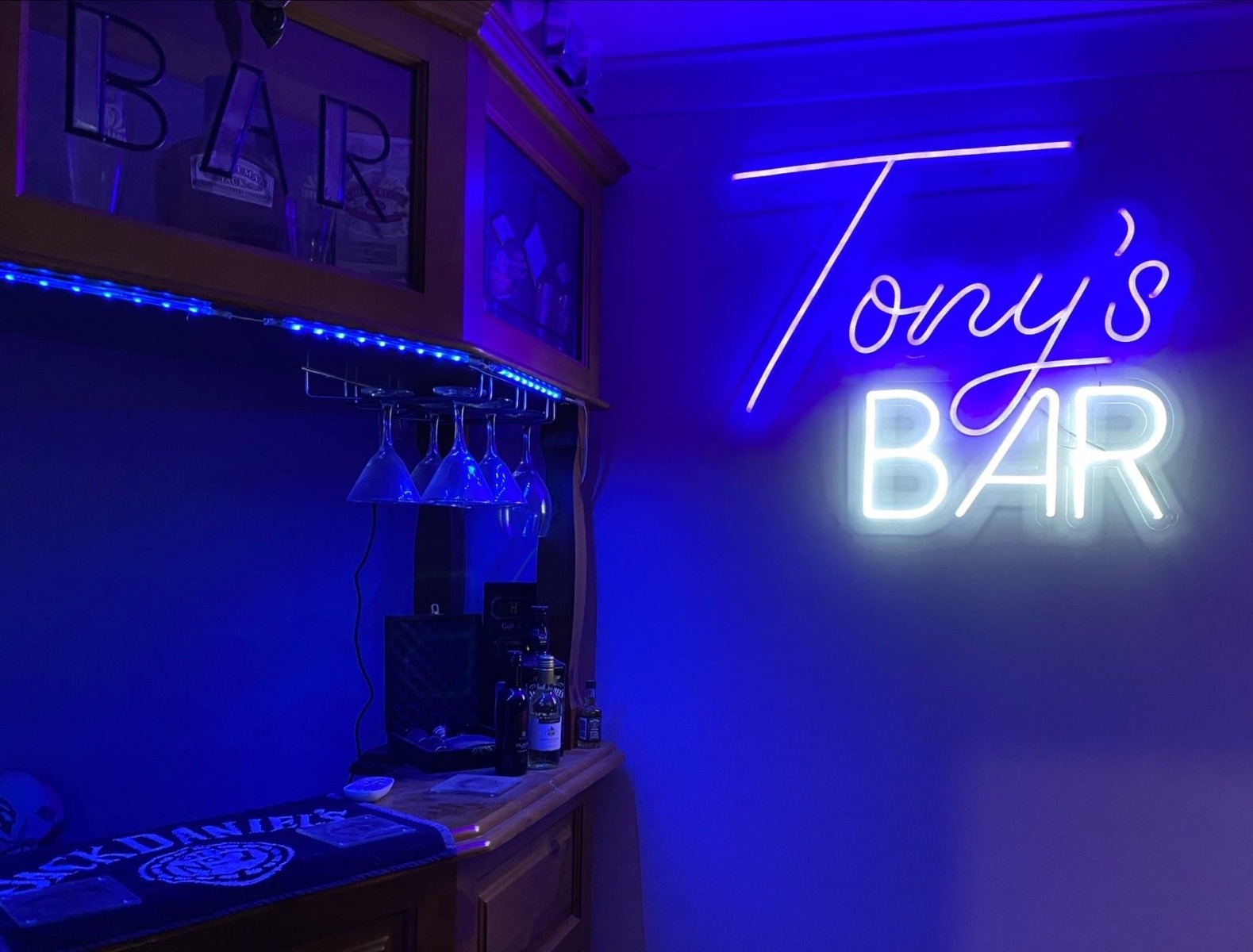 White & blue personalized Custom Neon® Tony's Bar sign