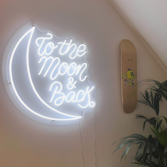 To the Moon & Back white Custom Neon® quote sign wall art