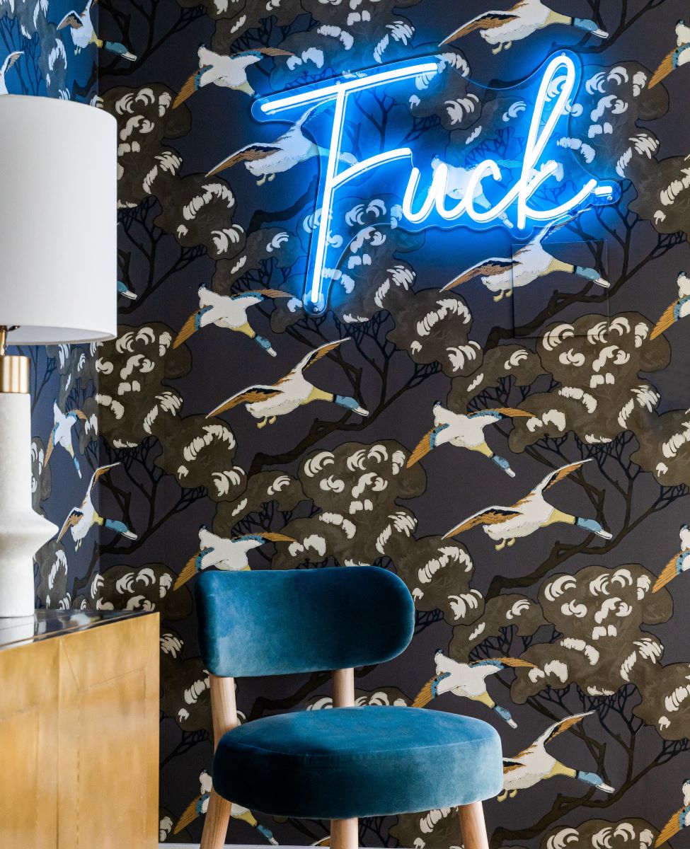 Custom Neon® tropical blue FUCK sign on duck patterned wallpaper @spinazzola_interiors photo@venjhaminreyesphotography