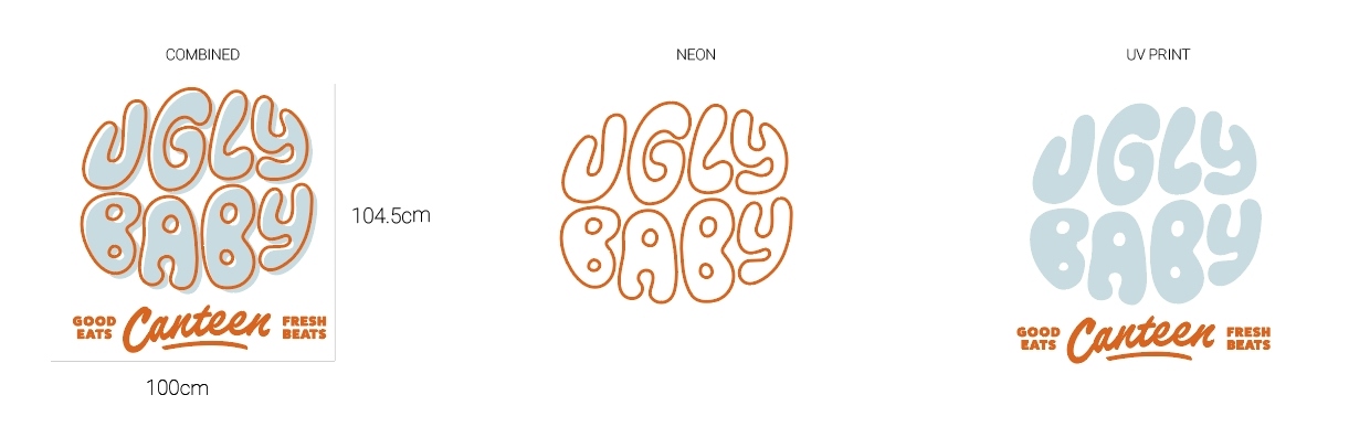 Custom Neon® design proof of the Ugly Baby logo sign in orange LED neon with UV print text