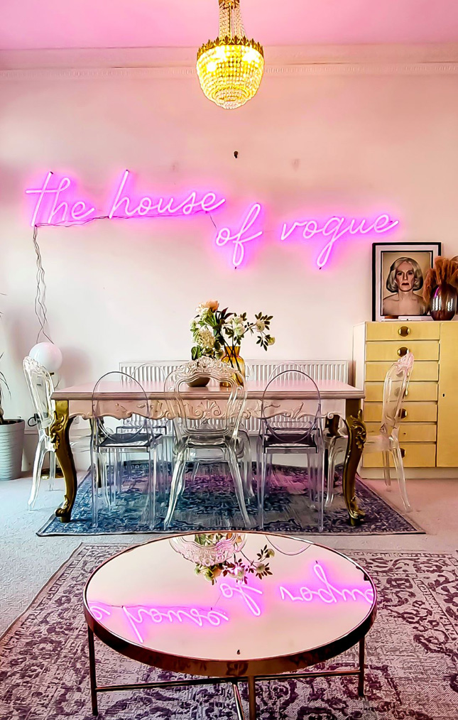 Pink Custom Neon® The House of Vogue sign in airbnb rental
