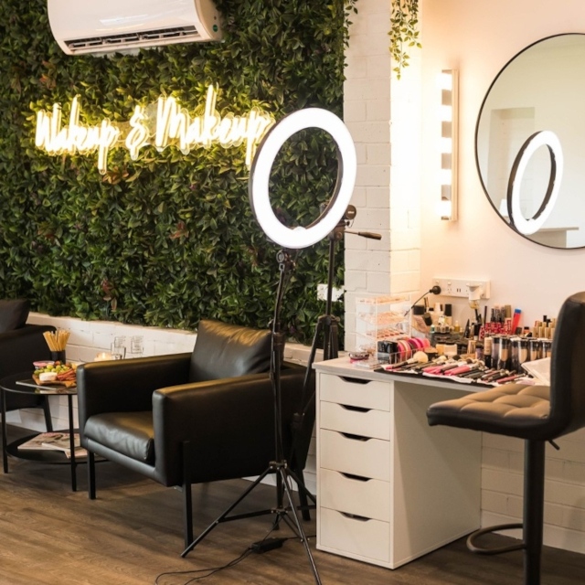 Wakeup and makeup Custom Neon® sign on green wall @_makeupartisttanyagolden