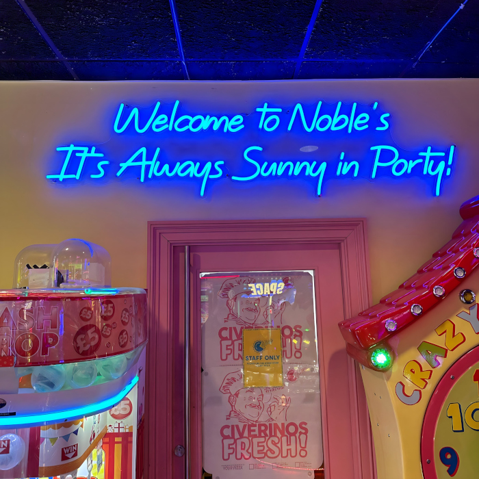 Branded arcade welcome sign made by Custom Neon® for @noblesamusementsportobello