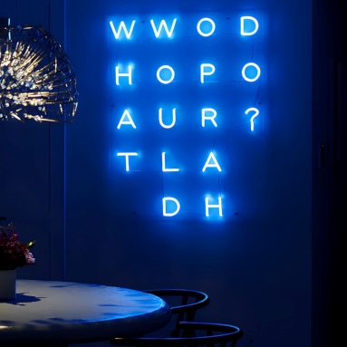 What Would Opra Do vertical Custom Neon® quote sign in a luxury NYC apartment @inspiredcitizen