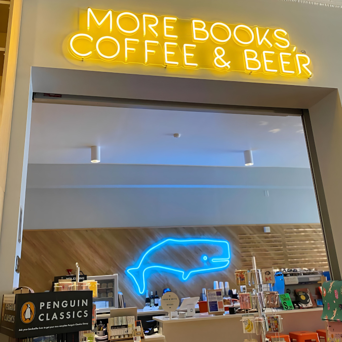 More Books Coffee & Beer Custom Neon® directional bookstore sign  @whitewhalebks_